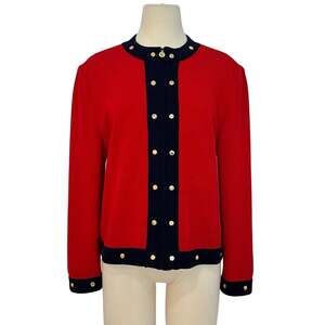 St. John Collection Knit Full Zip Cardigan Sweater Red Navy Studded | Size: 12